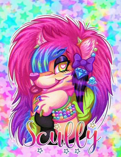 A digital con badge of a scenedog character with very floofy hair.