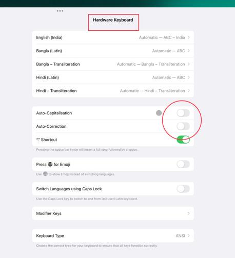 Disable Auto Correct for Hardware Keyboard on iPad
