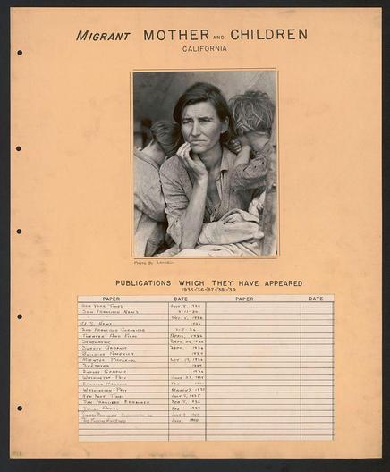 The image depicts a historical document with the title "Migrant Mother and Children" prominently displayed at the top. It features a black-and-white photograph of a woman, presumably in her mid-thirties to forties, closely holding two children on her lap or shoulder. The setting appears to be indoors, possibly within a simple sheltered environment given its plain walls and lack of decorative elements.

Below the photograph is a list titled "Publications Which They Have Appeared," detailing various newspapers where this individual has been featured between 1935-37-38-39. The entries include publications such as "The New York Times" on July 2, 1936 and in January 1940, alongside others like the San Francisco News, Oakland Tribune, Los Angeles Examiner, and several others across different years.

On closer inspection of this list, it seems to capture a significant amount of media attention that was not uncommon during the Great Depression era. This document is likely part of historical records or archives related to Dorothea Lange's iconic photograph "Migrant Mother," which has become synonymous with chronicling the plight of America's agricultural workers and their families in those difficult years.

The image itself bears a faded, worn look consistent with age, suggesting that it may be an original print or part of a larger collection. The overall composition is designed to evoke empathy for the subject while highlighting [...]