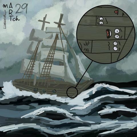 Digitale Zeichnung: ein altes Segelschiff auf hoher See zwischen hohen, dunklen Wellen, der Himmel ist voller bedrohlich wirkender Unwetterwolken. Ein kleiner Kreis auf der Seite des Schiffes markiert den Bereich, der rechts im Bild vergrößert dargestellt wird: die verbauten Holzplanken, die verängstigte Gesichter haben und über den starken Seegang nicht erfreut scheinen.

Digital drawing: an old sailing ship on the high seas among high, dark waves, the sky filled with threatening storm clouds. A small circle on the side of the ship marks the area shown enlarged on the right side of the image: the wooden planks, which have frightened faces and appear displeased by the rough sea.
