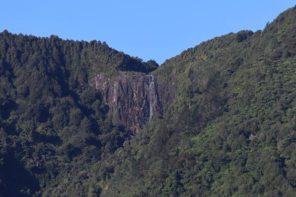 A long distance shot from a nearby road. The rocks are visible in a gap of the trees.