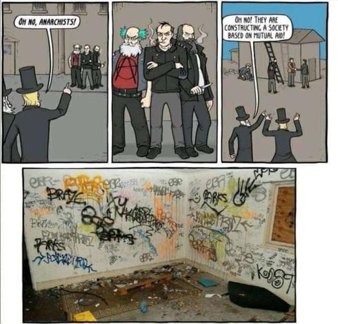 The image is a four-panel comic strip. In the first panel, a man in a top hat points at a group of three individuals, exclaiming, "Oh no, anarchists!" The second panel shows the three individuals, one with a green mohawk and a red shirt with an anarchy symbol, standing together. The third panel depicts the same three individuals working together to build a structure, with one person on a ladder and another handing materials. The man in the top hat is now saying, "Oh no! They are constructing a society based on mutual aid!" The final panel shows a room with walls covered in graffiti and debris on the floor