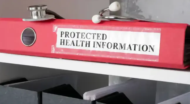 A red binder with a stethescope on top. The binder has a label that reads "PROTECTED HEALTH INFORMATION". PHI is health information that is supposed to be protected under various privacy laws, including the USA's Health Insurance Portability and Accountability Act (HIPAA). It bears on the original topic about Veterans Administration mental healtcare pofessionals being required to work in open cubicles where they are unable to provide for patient privacy as required by HIPAA and other privacy regulations.
