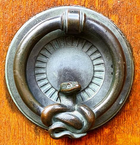 A circular brass door handle, with a sculpture of small snake curled round it.
