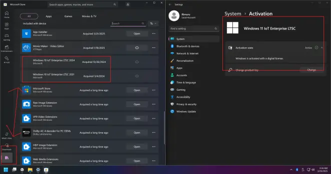 The screenshot is of the full screen desktop with the Microsoft Store, open into my personal Library (screenshot shows it is the library), and in the library is a copy of Windows 10 Iot Enterprise Ltsc 2021 and 2024, while settings, showing that I am currently running Windows 11 Iot Enterprise Ltsc, which is also activated.