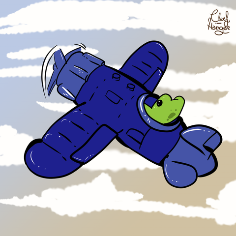 Froggelio riding a plastic blue old plane toy from a kinder surprise.