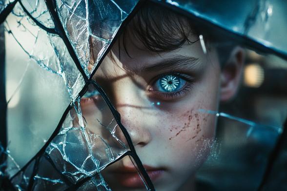 child with a glowing mechanical eye peers through shattered glass. The shards reflect light dramatically, framing the intense, futuristic gaze. The skin has smudges and scratches, enhancing a post-apocalyptic or sci-fi tone.