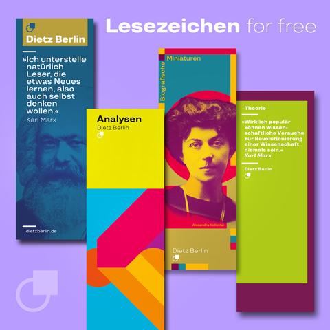 Vier Lesezeichen mit Marx-Zitat, Alexandra Kollontai und grafischen Motiven zu unseren Reihen Dietz Analysen und Dietz Theorie