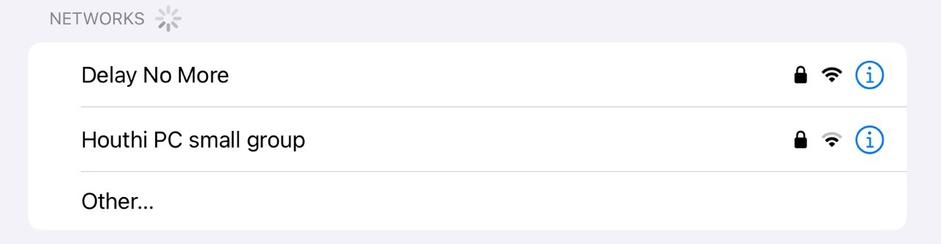 Screen shot from iPhone showing a WiFi network called “Houthi PC small group”