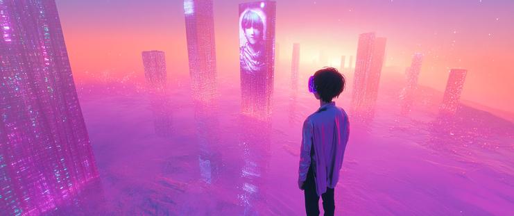 A futuristic figure in headphones stands in a glowing neon cityscape. Digital skyscrapers shimmer in pink and purple hues, one displaying a large holographic face. The sky fades from peach to violet, giving a dreamy, sci-fi atmosphere.