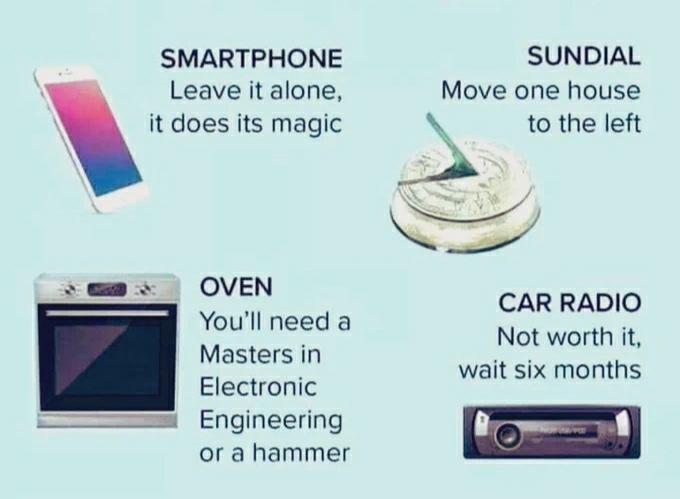 Smartphone, leave it alone. It does it's magic Sundial, move one house to the left Oven, you'll need a Masters in Electronic engineering. Or a hammer. Car radio. Not worth it, wait six months