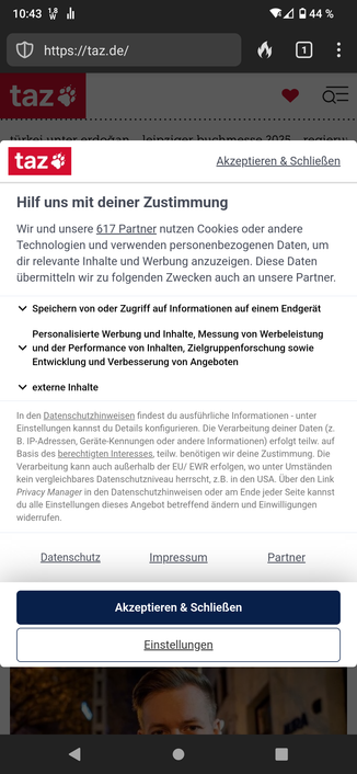 Screenshot des neuen Cookie-Banners auf taz.de