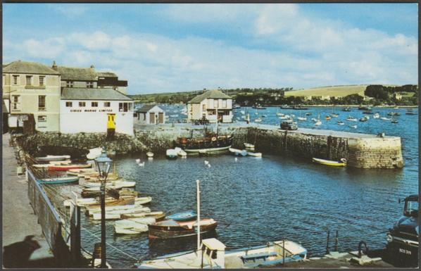 Printed colour postcard showing a view of Customs House Quay in Falmouth and showing the Marine Hotel and Visick Marine Limited.

Publisher not stated, probably Photo Precision Ltd, No PT551, c.1960.

Postally unused.

Good condition, with very slight corner bumps, but very light bend to upper right edge.