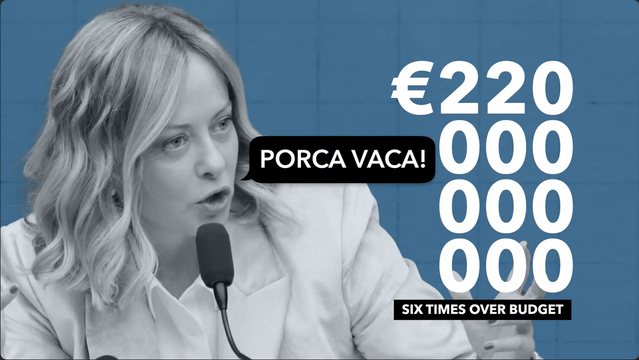 Foto di Giorgia Meloni che dice "Porca vaca!" guardando alle cifre del costo del Superbonus (220 miliardi di euro).