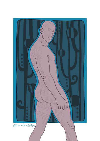 Una ilustración que representa una figura desnuda con un contorno azul sobre un fondo azul oscuro con patrones. La figura está dibujada en un color rosa/malva con detalles de líneas finas y se muestra de perfil, de