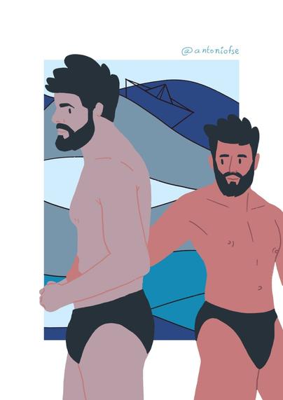 Una ilustración de dos figuras con barba en bañadores, que parecen estar en una playa o entorno acuático. Hay un elemento estilizado de barco o náutico en el fondo. Las figuras están dibujadas en colores contrastantes de rosa y salmón sobre un fondo azul.