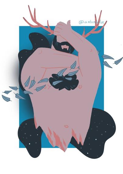 Una ilustración surrealista que muestra lo que parece ser una figura con astas o características similares a las de un ciervo. La ilustración tiene una calidad mística con fragmentos o esquirlas azules dispersas por la composición. El elemento principal está representado en rosa sobre un fondo rectangular azul con elementos oscuros y estrellados.