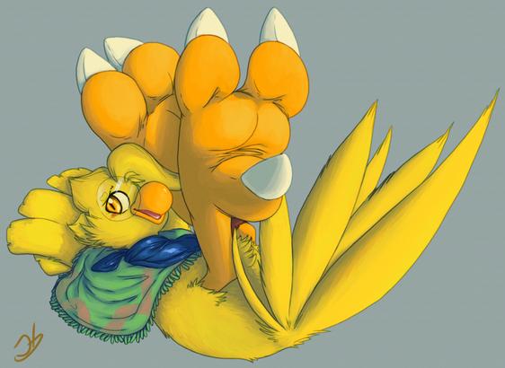Mao the Chocobo laying on his back, both his huge talons are up in the air showing off the full extend of their claws and plush soles. Winghands behind his back giving a somewhat worried/blushy look. He's wearing his usual glasses, neckerchief and poncho combo with a hint of the leathery pouch.