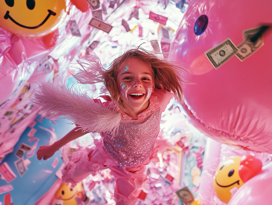 A joyful child dressed in sparkly pink with glitter on their face and feathered wings floats in a whimsical, pink-themed room filled with smiley face balloons and flying dollar bills.