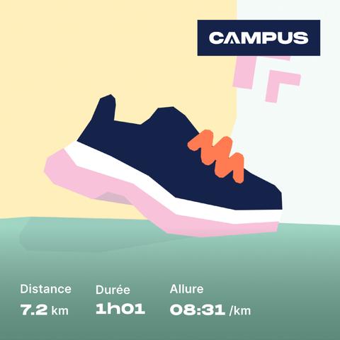 Badge coloré en style simpliste et couleurs pastels symbolisant une chaussure de course. Des statistiques d’activité sont visibles.