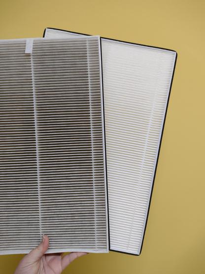A white woman's hand is holding up two air filters from an Ikea Förnuftig air purifier against a yellow wall: one used (on the left) which is very grey, and one new (on the right) which is a brilliant white by contrast. Mmm, taste that lung capacity!