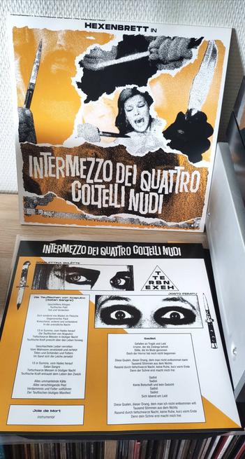 The album cover and inlay laid out next to my turntable. Entirely yellow and black on white, the collage artwork evokes Giallo movie posters of the '70s.