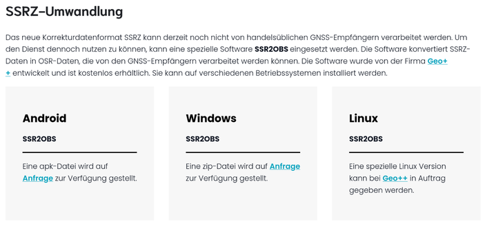 Screenshot der Seite "Nutzung", Die Software sei kostenlos, kann aber nur "auf Anfrage"  per E-Mail bezogen werden, nur für Android und Windows, für Linux muss eine Firma Geo++ beauftragt werden.