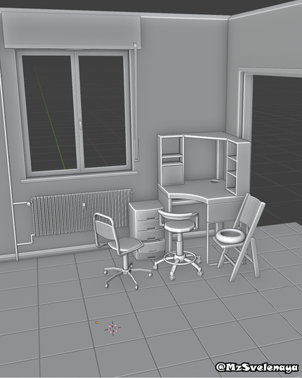 modèle 3D avec un bureau, une fenêtre et des chaises