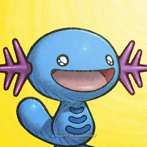 Digitally-handmade fanart profile picture of a male Wooper Pokémon facing forward towards the right side of the image at a 3/4 angle with a pleasantly amazed expression, on a yellow gradient background.