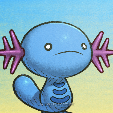 Digitally-handmade fanart profile picture of a male Wooper Pokémon facing forward towards the right side of the image at a 3/4 angle with a frowning facial expression, on a blue-to-yellow gradient background.