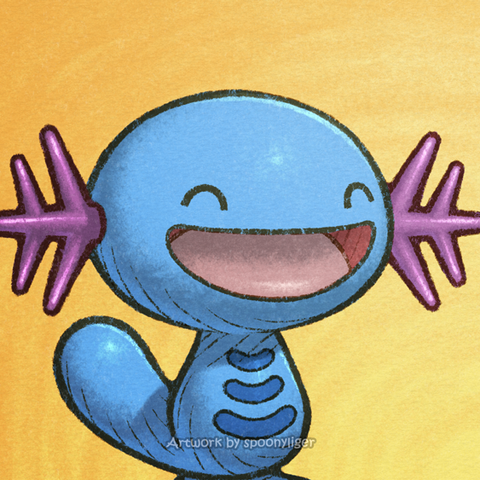 Digitally-handmade fanart profile picture of a male Wooper Pokémon facing forward towards the right side of the image at a 3/4 angle with a happy facial expression, on an orange gradient background.