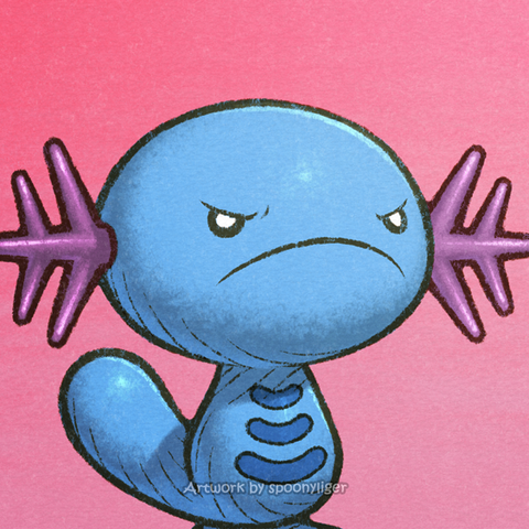 Digitally-handmade fanart profile picture of a male Wooper Pokémon facing forward towards the right side of the image at a 3/4 angle with a mad facial expression, on a magenta gradient background.