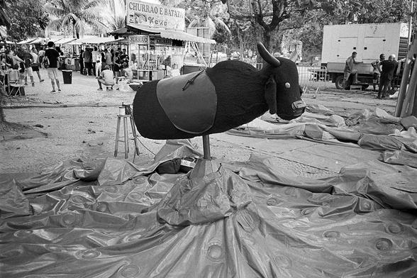 deflated bull riding game at a festival in Rio de Janiero