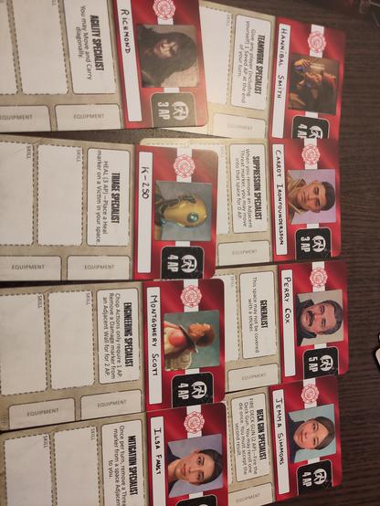 Flash point character sheets. We named them "Jemma Simmons" (agents of shield), "Montgomery scout" (star trek TOS), "Perry Cox" (Scrubs), "Ilsa Faust" (mission impossible), "Richmond" (IT crowd), "Hannibal Smith" (A-Team), "carrot ironfoundersson" (disc world), "K-2SO" (star wars rogue one)