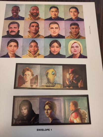 Character stickers. The regular game stickers (above) are a diverse set of human faces in fire fighter uniform. The Kickstarter special stickers (below) look like headshots from other games (princess, robot, astronaut, goth)