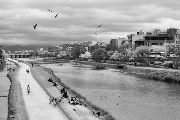 Schwarzweiß Foto aus Kyoto, im Vordergrund ein Fluss, im Hintergrund die Stadt; black and white photografie from Kyoto a river in the foreground and in teh background the city
