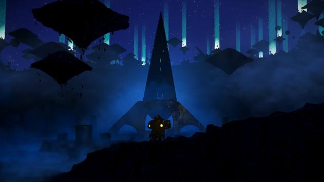 A screenshot from No Man's Sky showing a player in silhouette in front of a Korvax monolith on an Aurora world at night.