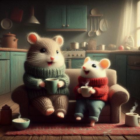 KI-Bild (DALL•E3):

Hamster Holly und seine Mausfreundin Miss Meeps auf dem Sofa, das jetzt in der Küche steht. Nah am Kaffee, perfekt! Meeps und Holly kichern vergnügt beim Kaffeetrinken.