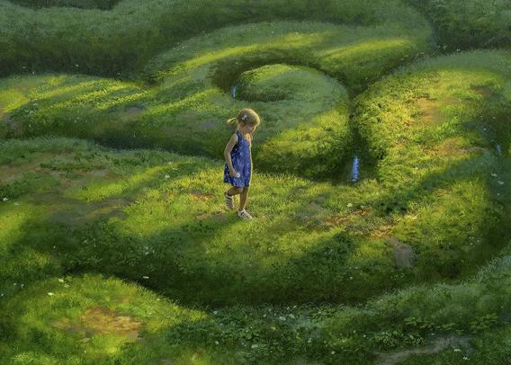 A young girl wearing a blue sundress and white strappy sandals takes a step along a raised grassy path in what appears to be a gently flowing maze. Her hair is drawn back into short pigtails. At her side, she absently holds a daisy as her eyes—which seem to be pressed closed—focus downward. Long, soft shadows fall diagonally, deepening in the winding channels between adjacent tracks. In total, the walkways wind and swirl creating a pattern reminiscent of the folds of the cerebral cortex. Drawing attention to the wider gaps, shallow water reflects in highlights of blue. There are no walls or substantial barriers; it would be easy enough to hop across to another trail.