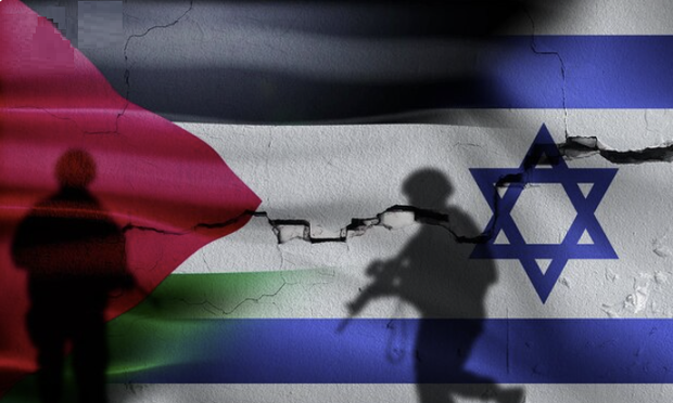 A cracked wall features the flags of Palestine and Israel. 

The Palestinian flag is on the left, with its red, green, and black colors, while the Israeli flag is on the right, with its blue and white stripes and Star of David. 

The crack runs vertically between the two flags. 

A shadow of a woman holding a child is cast over the Palestinian flag while the shadow of a soldier with rifle is cast over the Israeli flag adding a sense of tension and conflict to the scene.