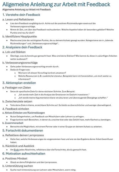 Image contains a guide in German for working with feedback. It includes sections on understanding feedback, identifying main points, analyzing feedback, creating an action plan, gathering feedback, documenting progress, and maintaining motivation. Each section provides specific steps and questions to consider.