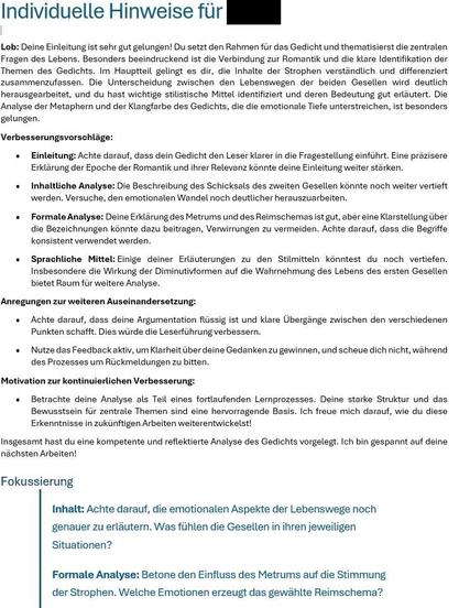 The image features a feedback document for a poem analysis in German. It includes praise and suggestions for improvement, focusing on the clarity of the introduction, the differentiation between characters, and the use of stylistic devices. There are also recommendations for fluid argumentation