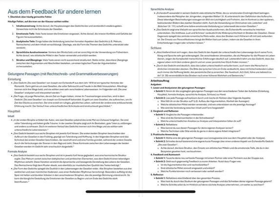 A document in German discussing common mistakes in poetry analysis and providing feedback for improvement. It includes sections on emotional analysis, language use, structure, and a task outline for evaluating successful passages.