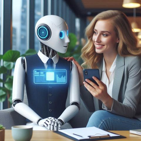Eine Frau, die ein Smartphone in der Hand hält, sitzt neben einem Androiden und lächelt diesen an.