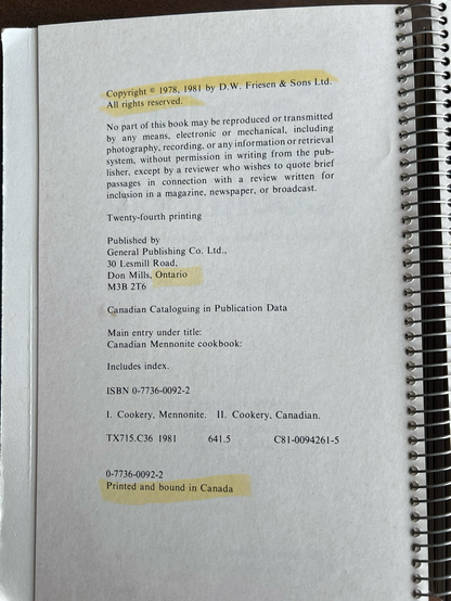 Copyright page of the Canadian Mennonite Cookbook, highlighted “printed and bound in Canada”