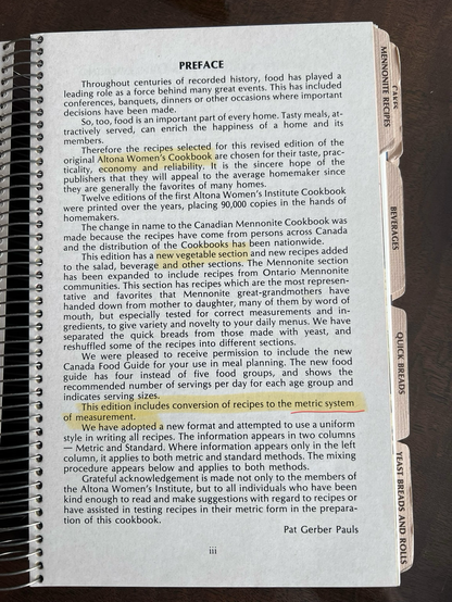 Preface page of the Canadian Mennonite Cookbook, highlighted “This edition includes conversion of recipes to the metric system of measurements.”