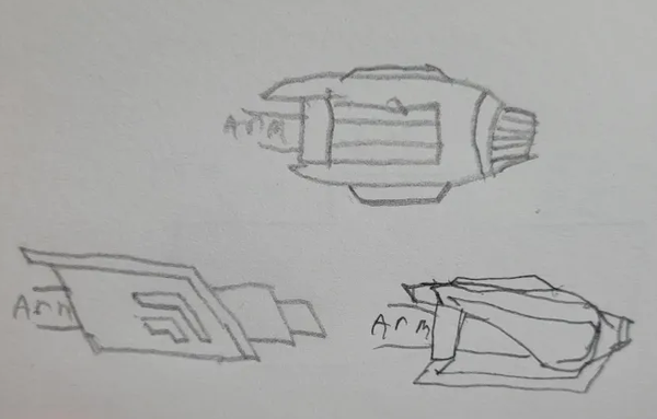 3 buster concept drawings for Xenith Awakening, sketched in pencil in a small sketchbook