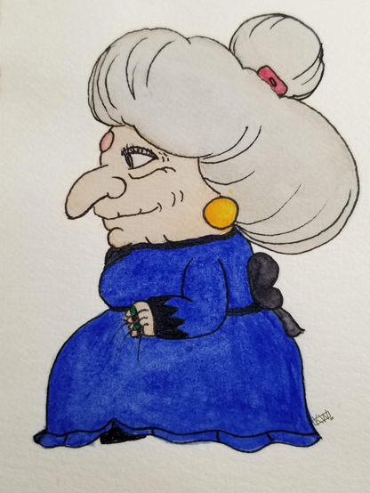 Watercolor anime granny in a blue dress with black trimmings, with big gold earrings and lots of rings. She has a very large head, a long nose, and very big hair drawn up into a bun.