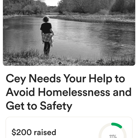 Screenshot of a GoFundMe page Titled "Cey Needs Your Help to Avoid Homelessness and Get to Safety". The cover photo is a B&W picture of Cey looking off into the distance with their back facing the camera. $200 raised!