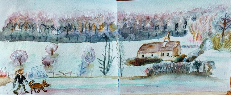 Windrush - woman ealing dog through frosty landscape with church, and trees and a row of elms in background.